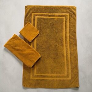 Vtg 70s Fieldcrest Hand Towel 3-pc bathmat set 100% Cotton Gold Coordinates YSL